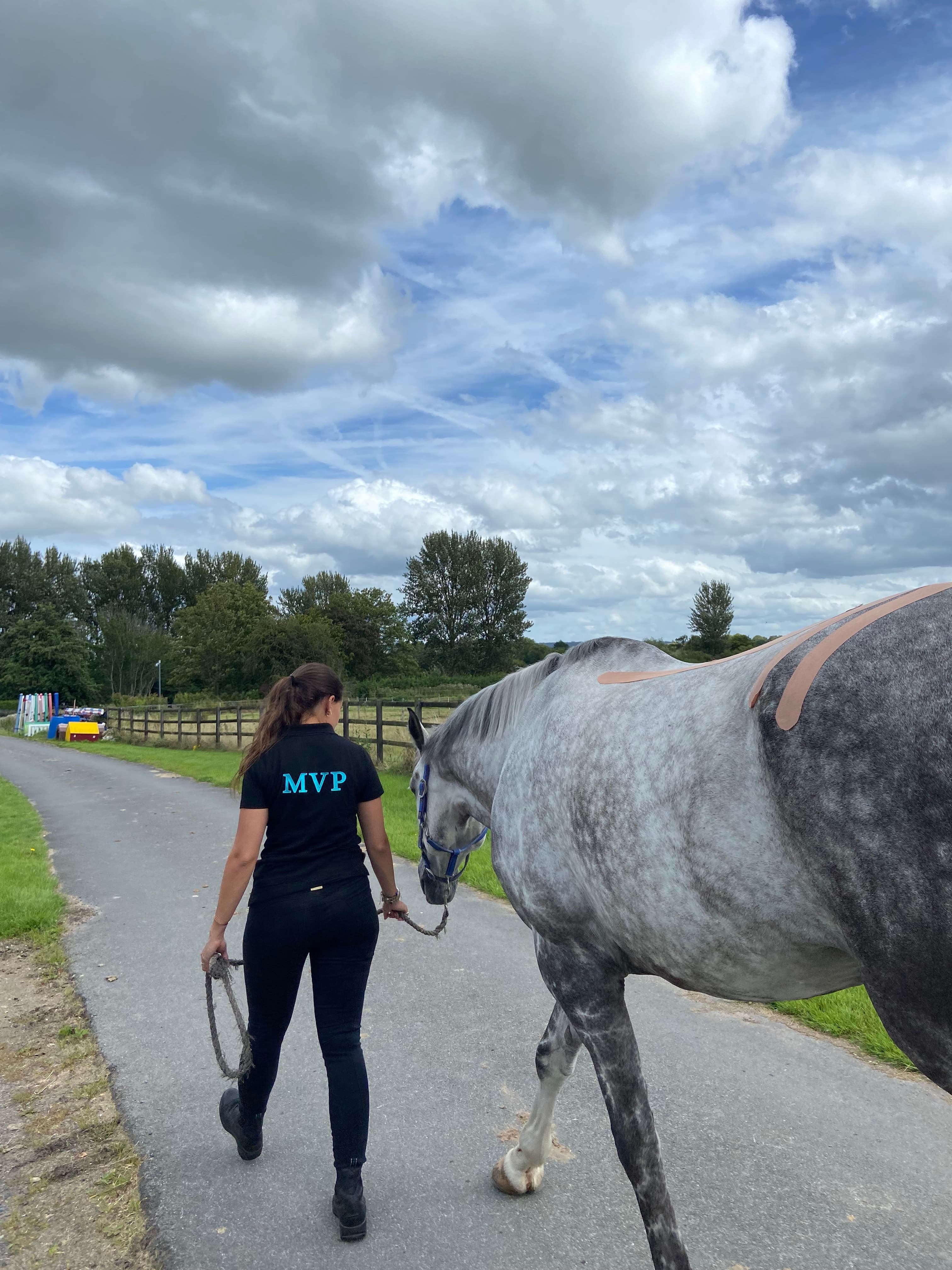 Maddie leading a horse
